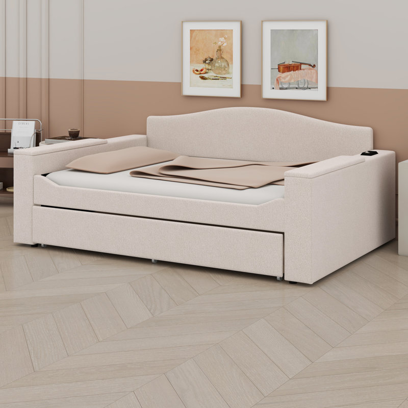 Lit de jour rembourré avec accoudoirs de rangement, lit gigogne et dernier système audio Bluetooth intégré, Beige