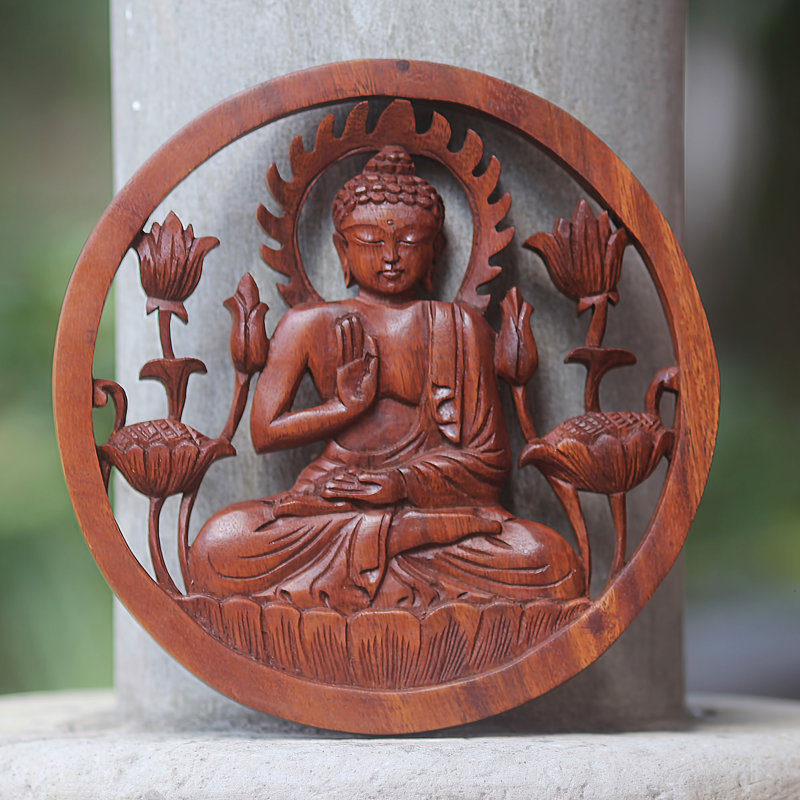 Eka Decorative Carved Wood Relief Panel of Buddha