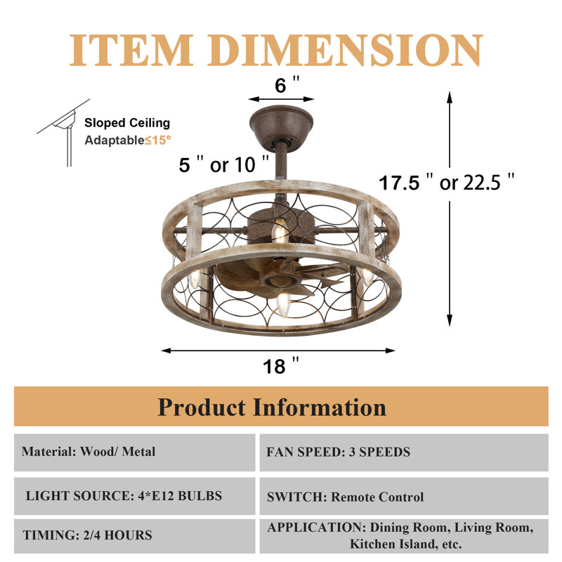 Colp 18'' Classic Farmhouse Caged Ceiling Fan with Lights, Rustic Bladeless Fandelier Reversible Ceiling Fan
