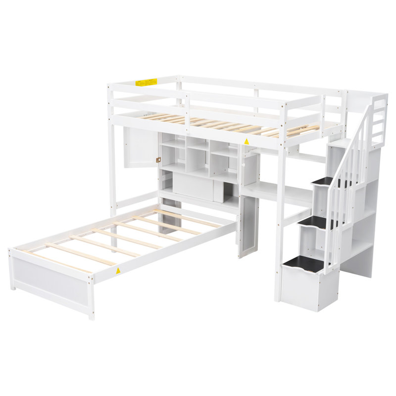 Loft Bed With Built-In Desk And Staircase, White