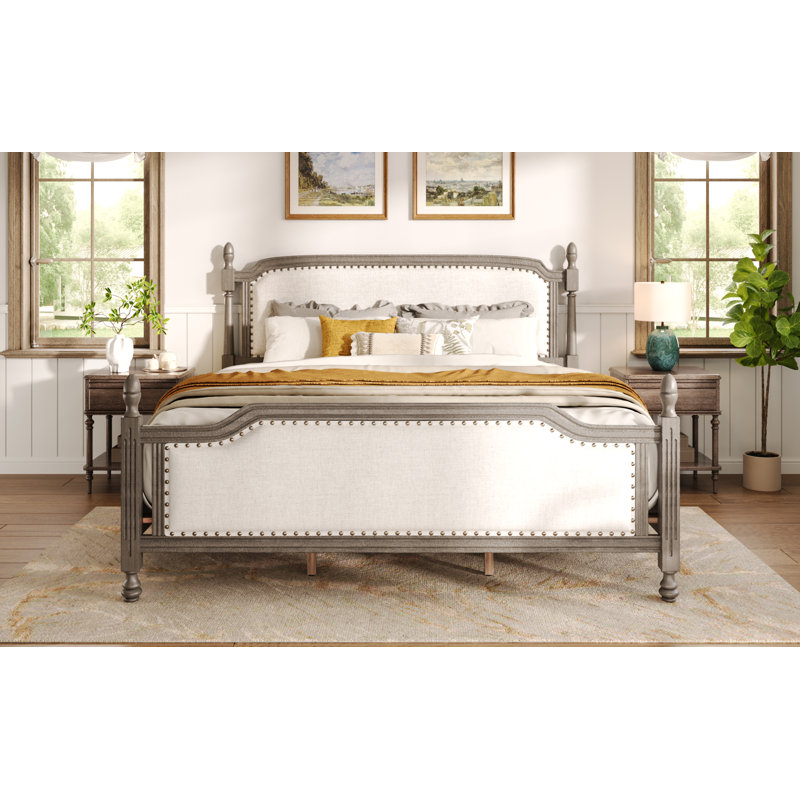 Lit plateforme tapissier Aveloire Classic, Très grand lit, Beige et gris bois flotté