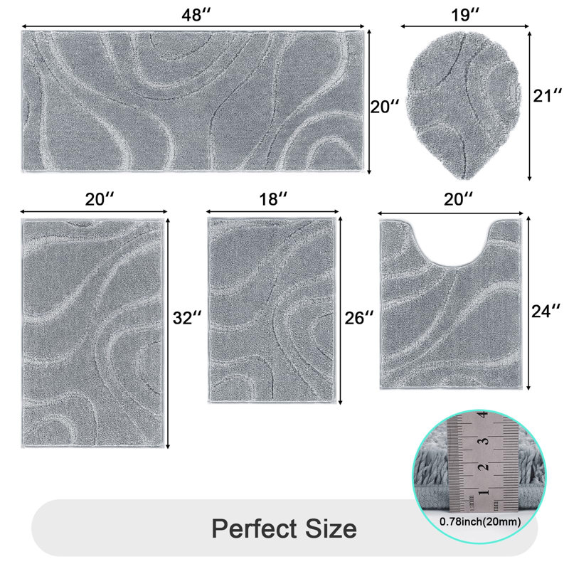 Ensemble de tapis de salle de bain en microfibre 5 pièces pour salle de bain, tapis de bain lavable antidérapant avec couvercle de toilette