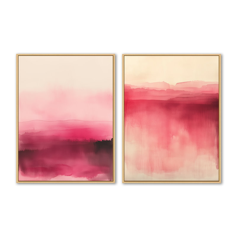 «Blush Line», art mural 2 pièces, toile minimaliste rose, lignes d'horizon Blush, H 32 po x l 48 po, Cadre naturel flottant