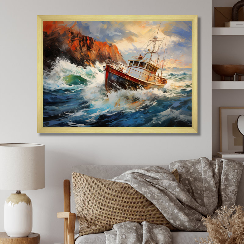Tempête rêveuse de bateau de pêche - impression, H 34 po x l 44 po x P 1,5 po, Cadre doré à une seule photo