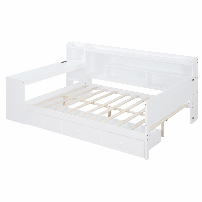 Full Size Wooden Daybed with 3 Drawers, Integrated Side Desk, and USB Ports for Enhanced Functionality and Storage, White