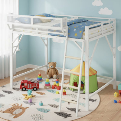 Grand lit mezzanine avec échelle, grand lit mezzanine en métal avec tablettes de rangement, lit mezzanine pour enfants