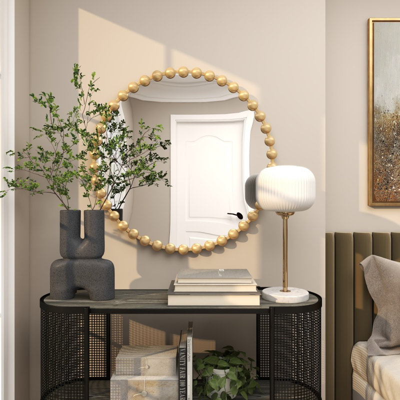 Metal Room Wall Mirror with Beaded Detailing, 36" x 36", Gold