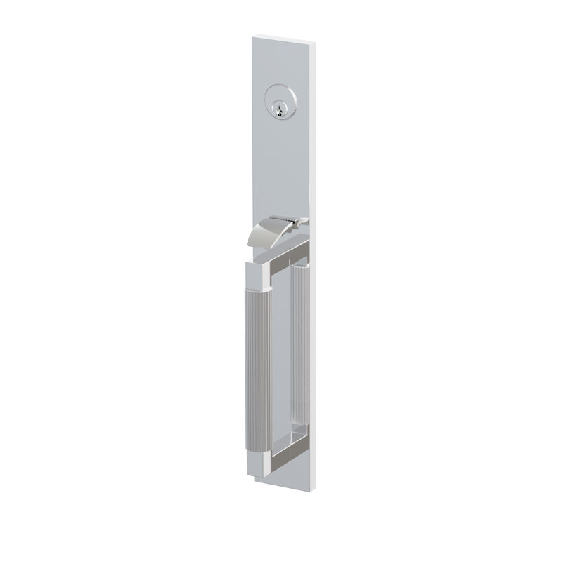 Ensemble de pinces à mortaiser Emtek SELECT, F20, pleine longueur, entraxe de 70 mm (2-3/4 po), tige extérieure en L, poignée moletée droite ; poignée intérieure Helios, chrome poli, pour droitier
