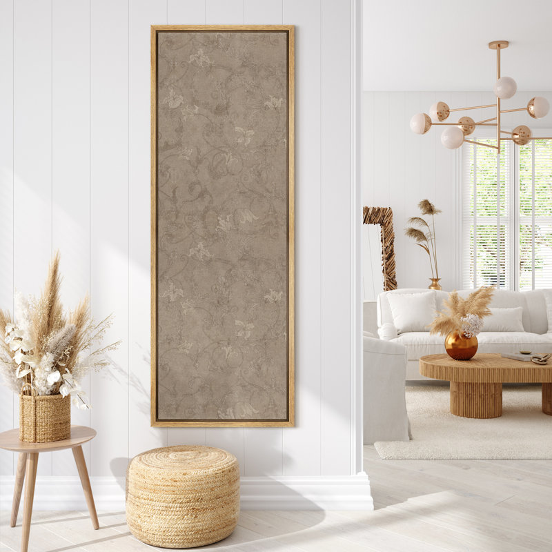 Motif subtil de damassé rétro floral beige rétro, reproduction d'art sur toile encadrée, H 60 po x l 30 po, Naturel