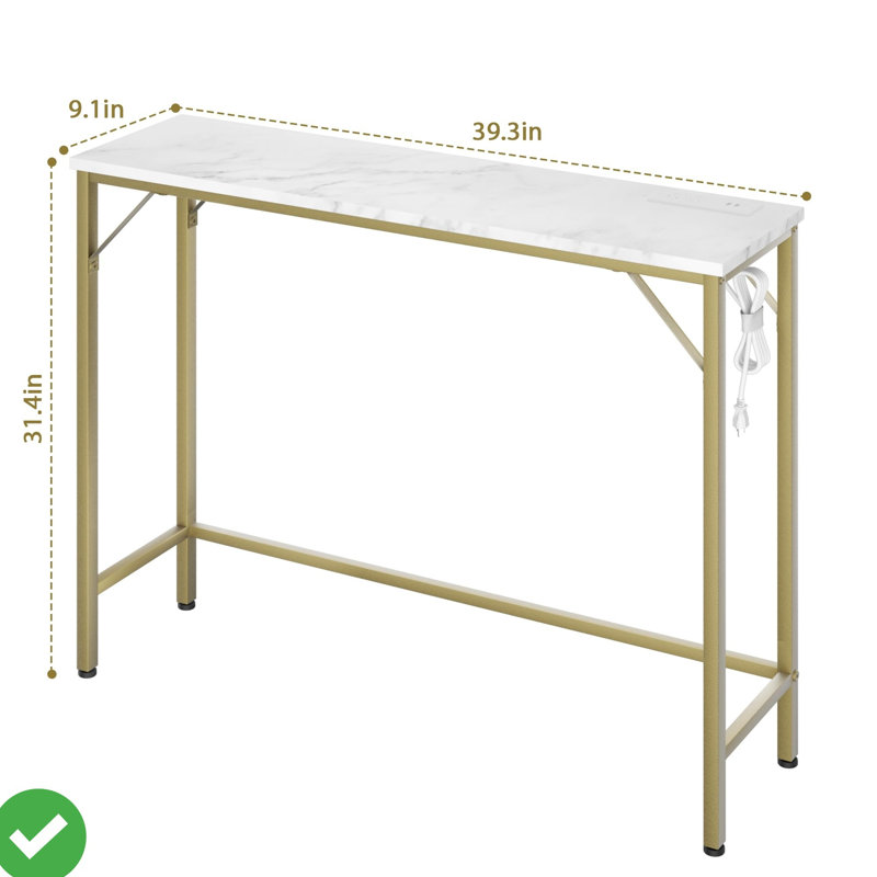 39.4 Inch Modern Console Table for Entryway Narrow Console Table Gold Sofa Table with Outlets Behind Couch Table