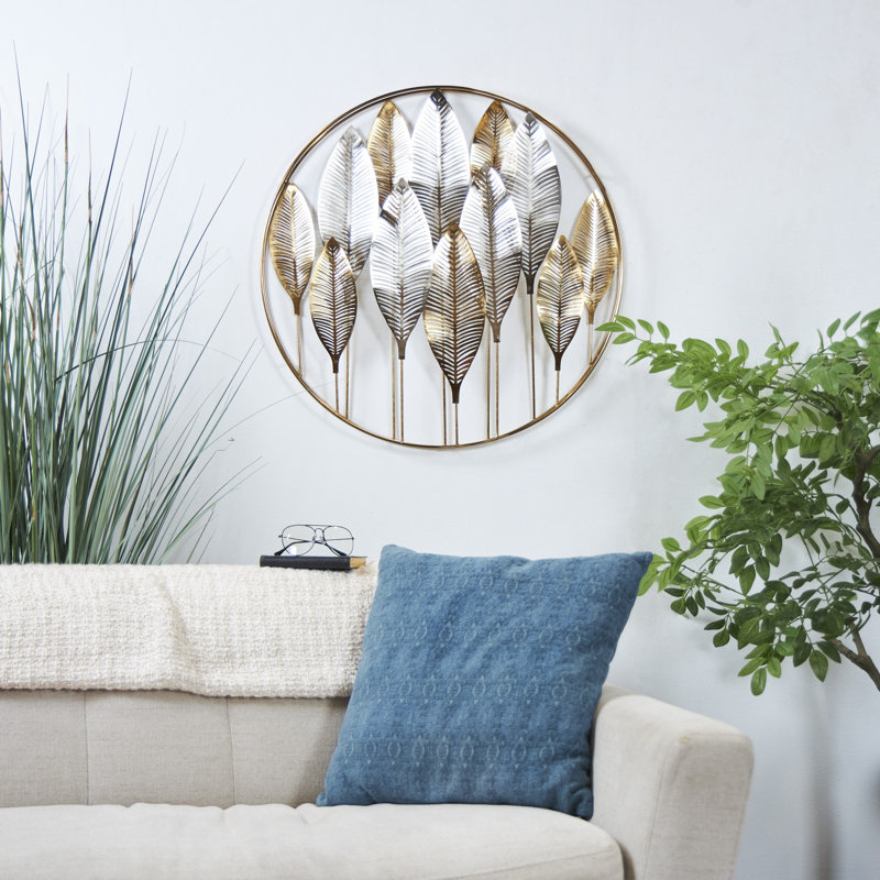 Metal Metallic Leaf Gold Wall Decor with Circular Frame and Silver Accents