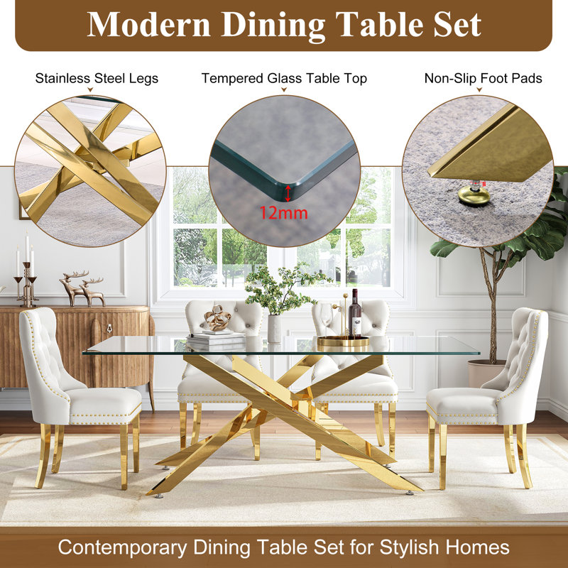 78.7" Rectangle Glass Dining Table Set With Polished Stainless Steel X-Base And Velvet Upholstered Nailhead Trim Dining Chairs(Set Of 9)