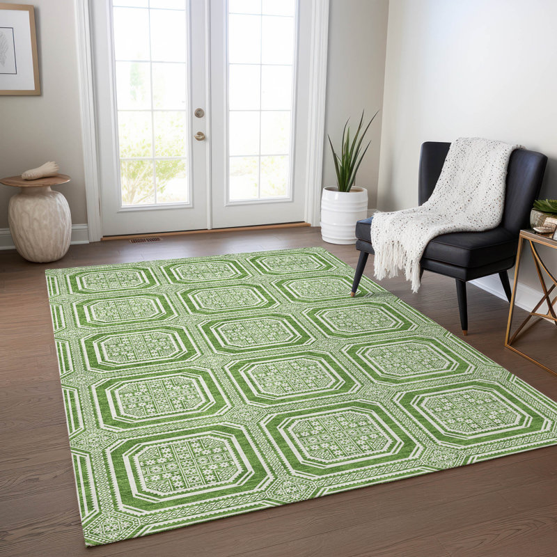 Machine Washable Indoor/Outdoor Christain ACN1454 Green Rug, Rectangle 9' x 12'