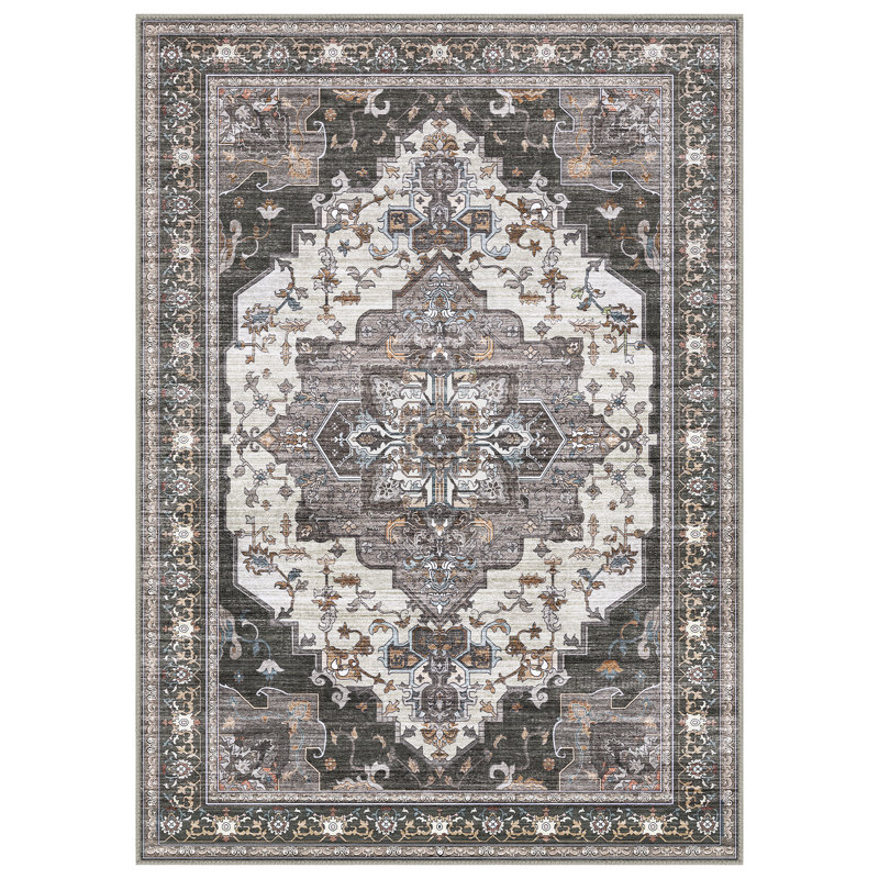 Oriental Area Rug, Vintage Low Pile Non-Slip Machine Washable Area Rug, Black/Grey/Beige, Runner 60 x 120 cm