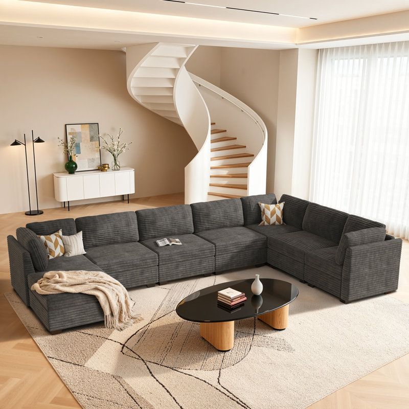 Modular L-shaped Sectional Plush Corduroy Sofa With Movable Ottoman, Gray Corduroy