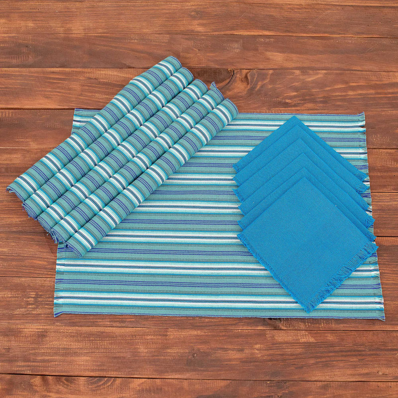 Cerulean and Teal Cotton Table Linen Set for Six