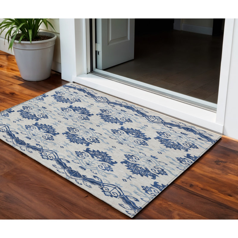 HomeRoots 3' X 5' Navy Blue Beige And Denim Blue Oriental Washable Indoor Outdoor Area Rug