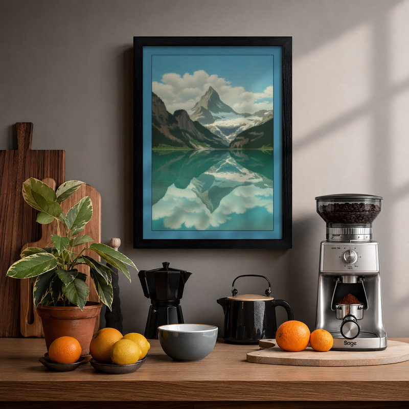 Mountain at Sunrise Scandinavian - Framed Print, A1 - 84.1 x 59.4 cm, Black
