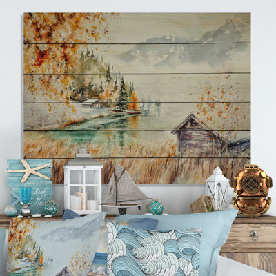 Lake House in Autumn Landscape - Peinture sur bois sans cadre