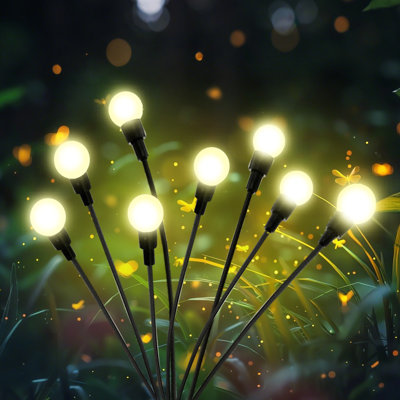 BAOKALER 12 Pack Outdoor Decorative Garden Lights, 8-Head Solar Firefly Lights Waterproof, High Flexibility Iron Wire with Heavy-Duty Bulb Base, Warm White Round Bulb Design