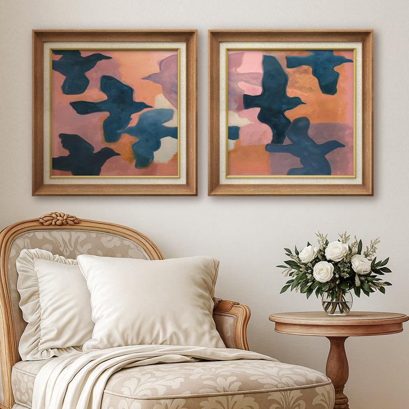 «Blue Bird Silhouettes» sur fond rose et orange, ensemble de 2 reproductions d'art encadrées en papier