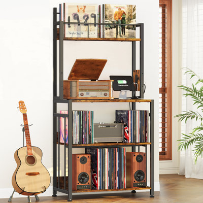 Record Player Stand With Charging Station, Turntable Stand Holds Up To 300 Albums