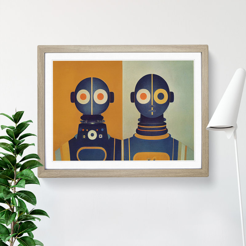 Symmetrical Robots Abstract - Single Picture Frame Print, 25cm H x 34cm W, Oak