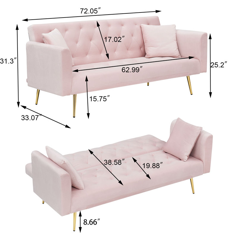 71" Velvet Convertible Loveseat Sofa with Adjustable Backrest & 2 Pillows, Pink