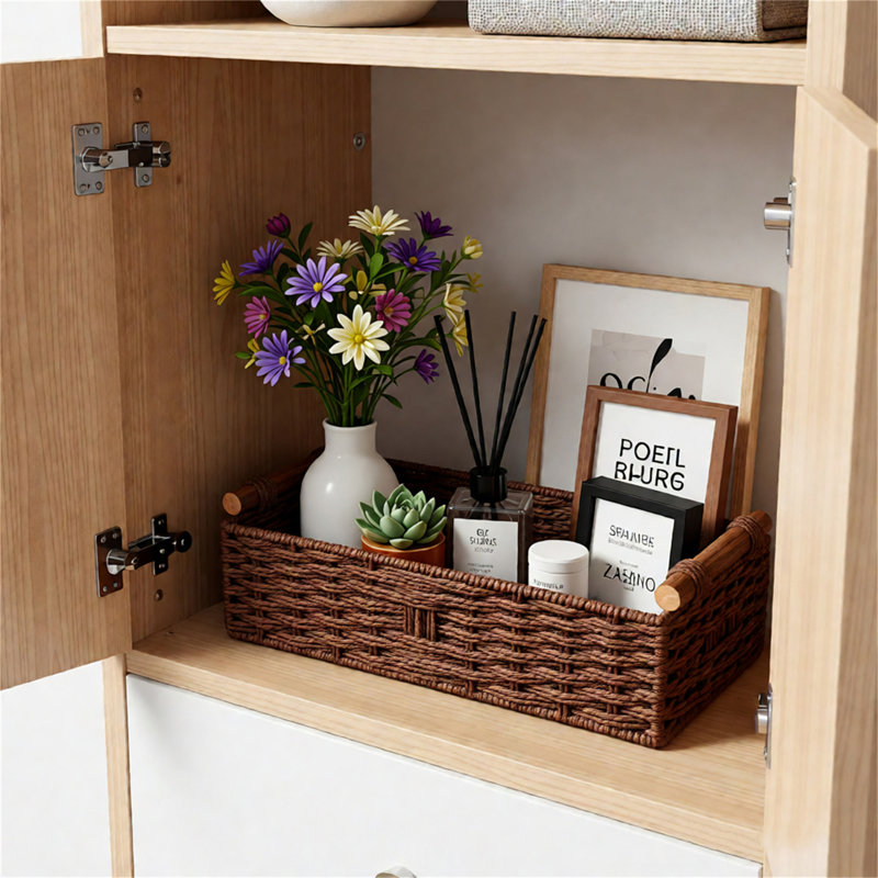 Brown Round Paper Rope Basket Set With Handle, Decorative Storage For Toilet Paper Organizing, Brown