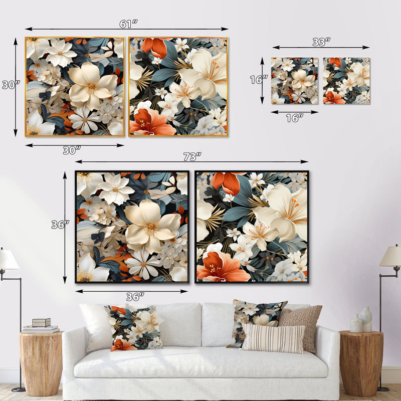 Paradis floral blanc et doré - ensemble de 2 collages floraux carrés, Toile tendue, H 30 po x l 61 po