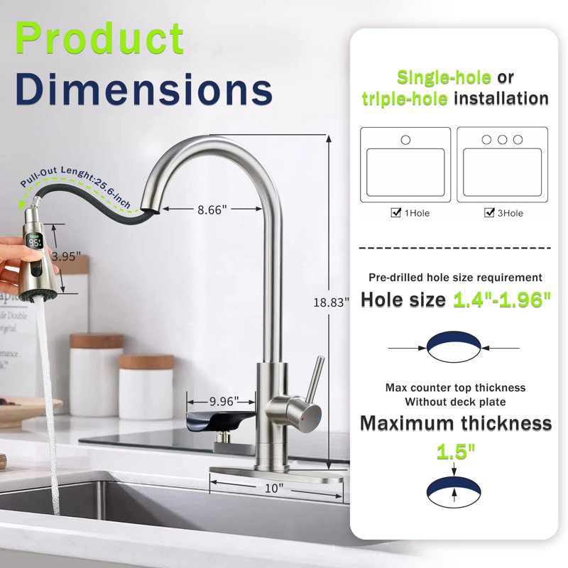 Single Hole Temperature Digital Display Kitchen Faucet With Pull Out Sprayer Single Handle Kitchen Sink Faucet Stainless Steel Kitchen Basin Taps With Glass Rinser