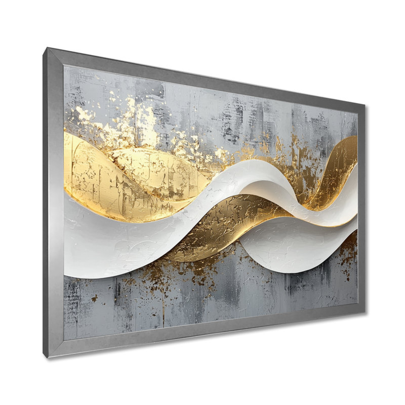 Abstrait bosquet d'introspection en or et blanc V - art abstrait de vagues modernes, Argent argent, Cadre simple