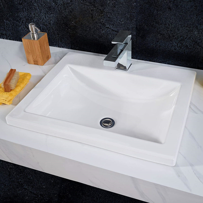 Lavabo de salle de bain rectangulaire encastré en porcelaine vitreuse blanche avec trop-plein