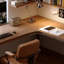 Bureau en bois massif en forme de L brun noyer + en rotin +-1124531164-1124531167
