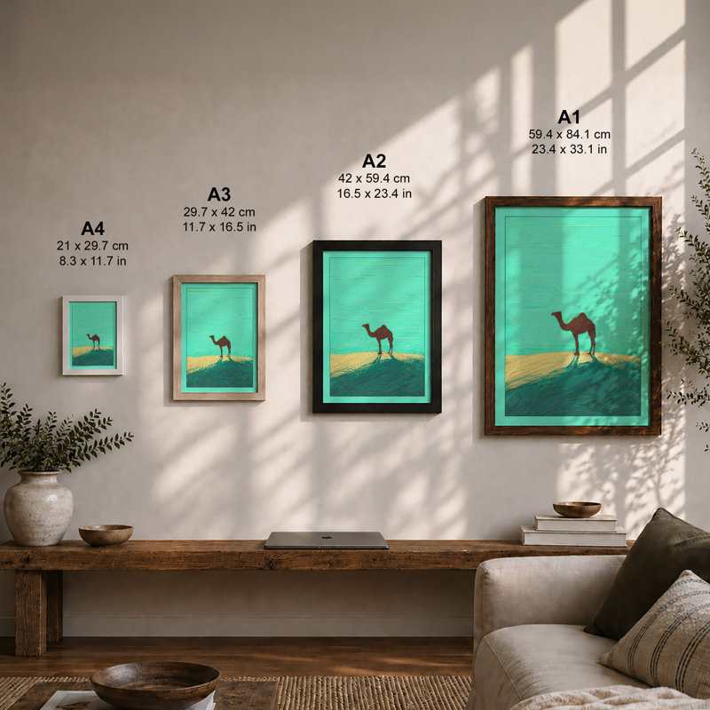 Camel Under Turquoise Sky Modern - Print, A4 - 29.7 x 21.0 cm, Oak