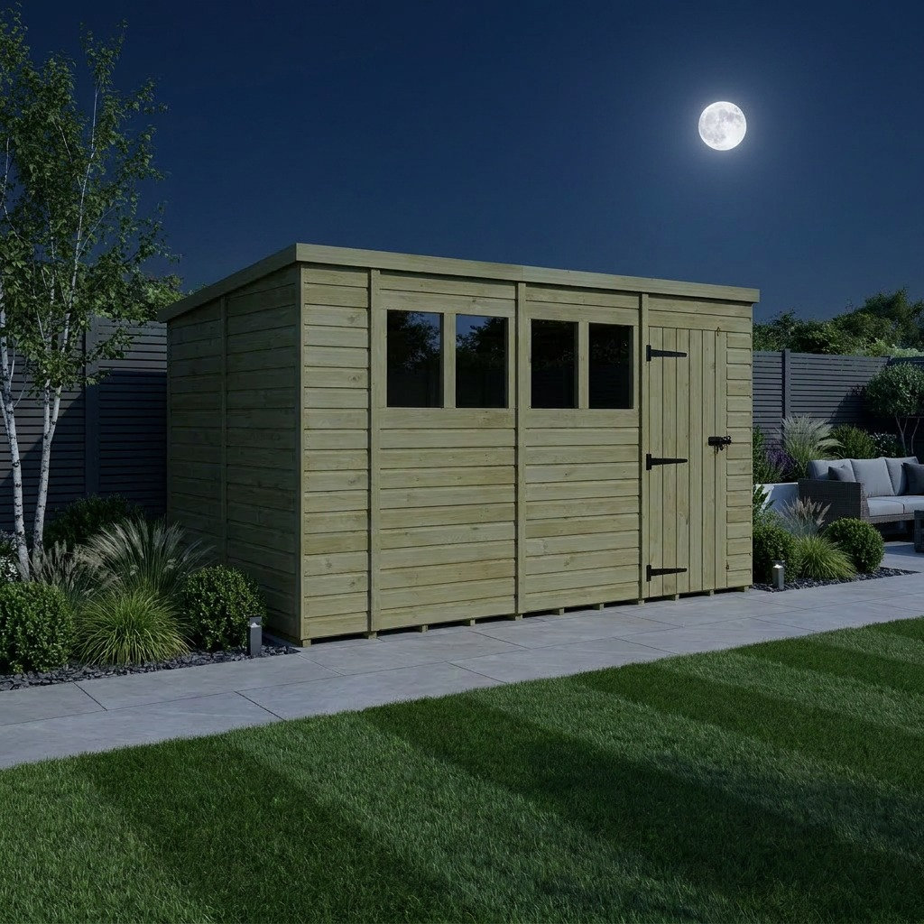 Total Sheds 14ft x 9ft Pent Garden Shed - Single Door - With Windows - Pressure Treated Timber - UK Manufactured