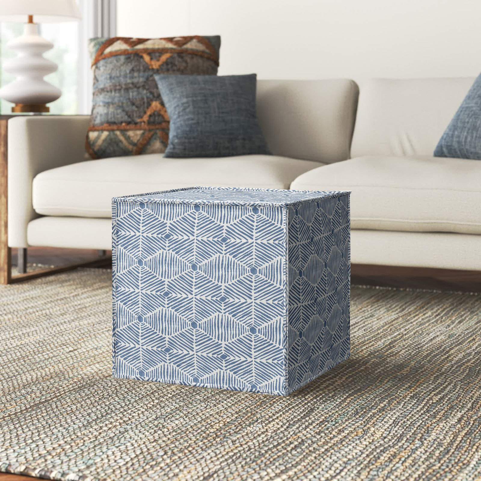 Harriette Upholstered Ottoman, Painted Diamond Dusty Blue