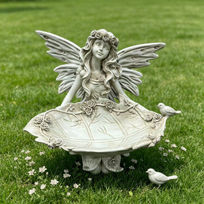 Garden Fairy Figurine, 14.37" Wide Resin Angel Statue with Leaf Tray, Multi-Functional Bird Feeder & Decorative Tray for Outdoor & Indoor Use