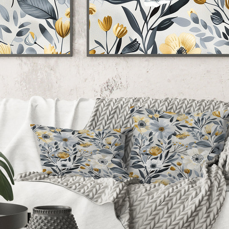 Motif de fleurs blanches et grises paradisiaques - coussin Boho, H 16 po x l 16 po, Carré
