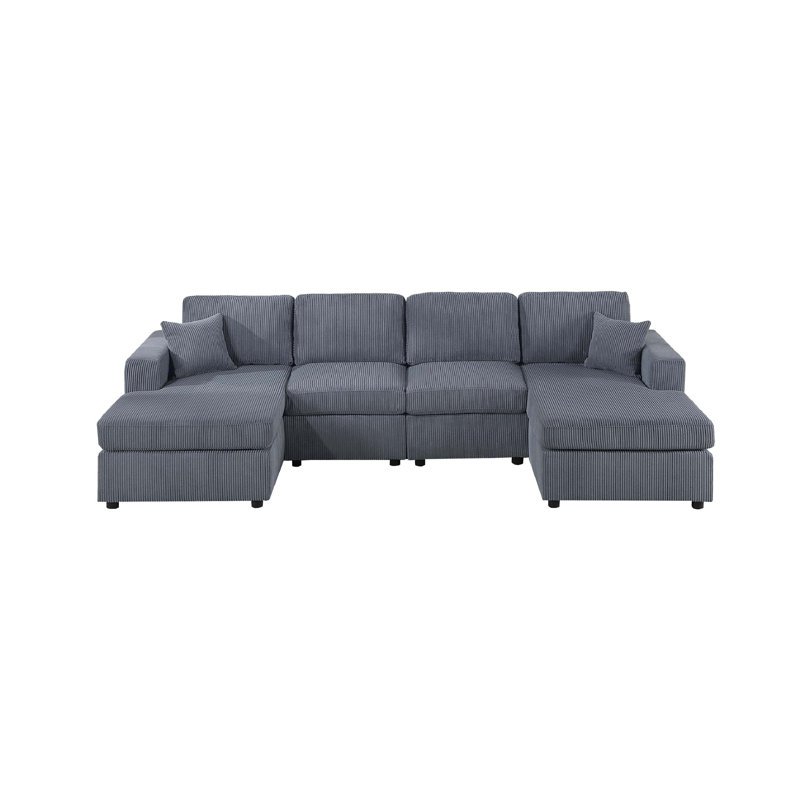 Iny U Sectional Sofa Set With Chaise, Armless Chair, 2 Pillows, Dark Gray Corduroy