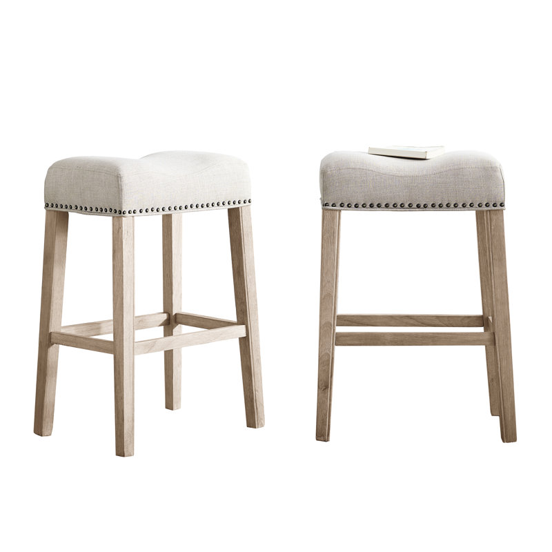 29" Upholstered Saddle Seat Bar Stools, Of 2, Tan. Made With Genuine Wood & Weathered Grain. Modern Design. 18"w X 13"d 29"h. Some Assembly. For Residential Use Tan Backless Stools 2 - Texture For
