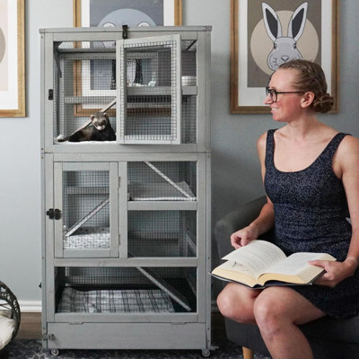 5-Level Small Animal Cage with Visible Front Door & Mesh Top - Large Metal Frame Ferret Habitat with Waterproof Fir Wood, Anti-Chewing Plastic Tray for Easy Cleaning, Ideal for Rats and Guinea Pigs by