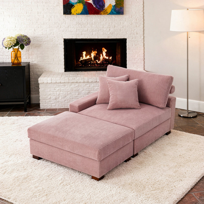Chaise longue rembourrée en velours côtelé avec accoudoirs et coussins décoratifs, Left Hand Facing, Rose