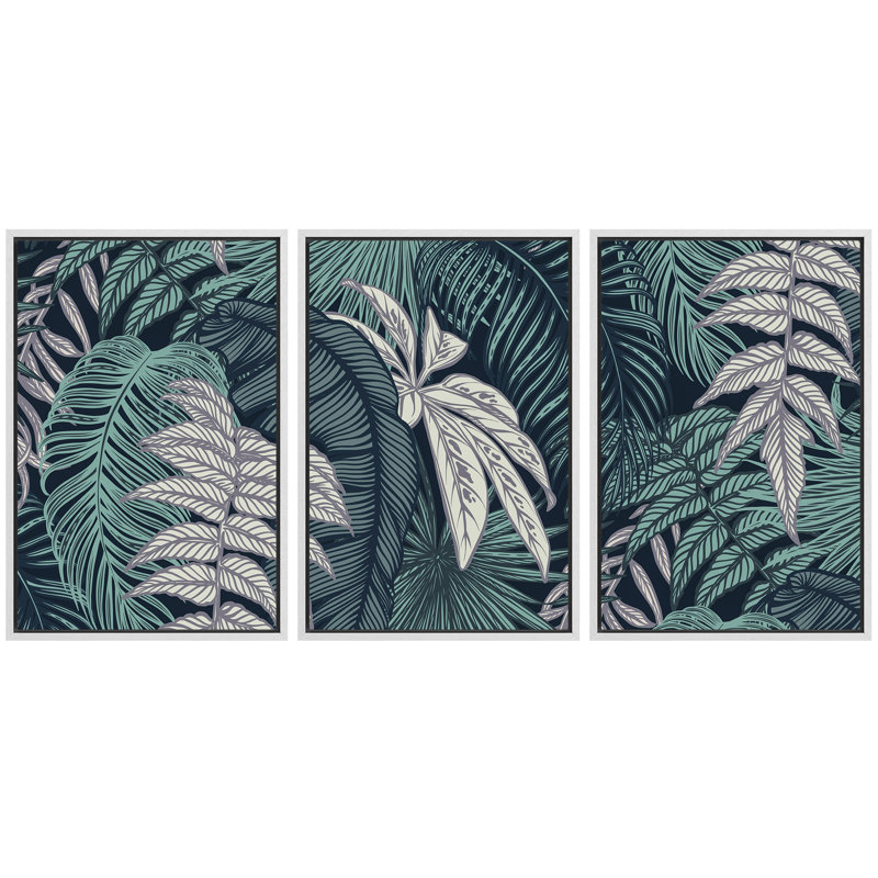Motif de feuilles tropicales stylisées en bleu sarcelle et sauge - impression sur toile encadrée 3 pièces., H 24 po x l 48 po