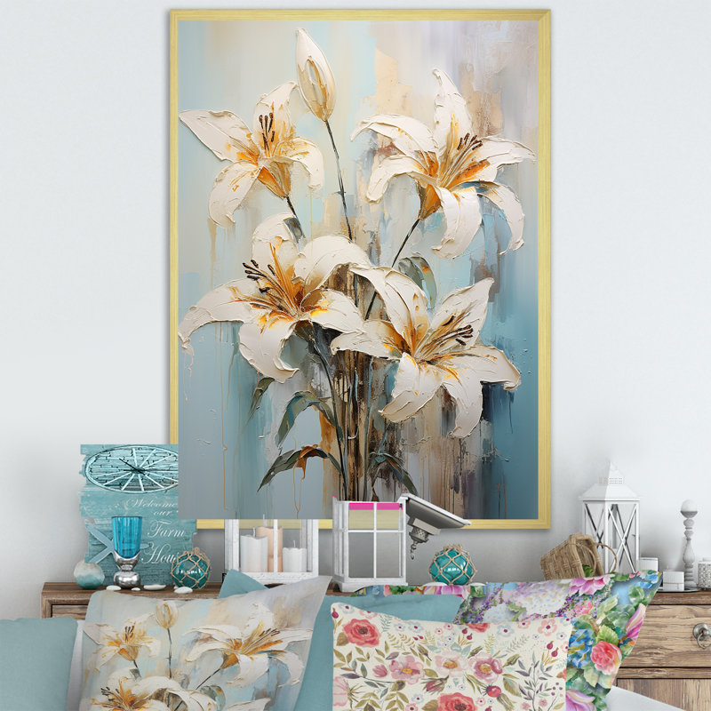 Rêveuse rêveuse de lys sur toile, Cadre doré simple, H 44 po x l 34 po x P 1,5 po