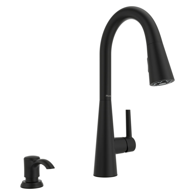 Robinet de cuisine noir à poignée rétractable avec distributeur de savon Pfister Barulli, Noir mat