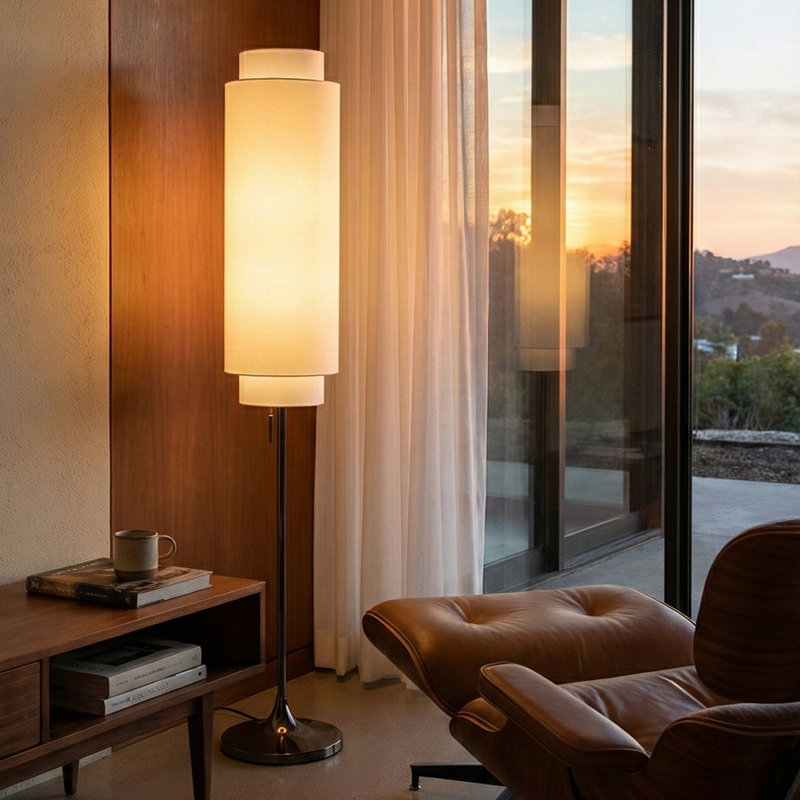 Lampe sur pied Lollipop - nickel noir, double abat-jour en lin, chaînette marche / arrêt, Blanc