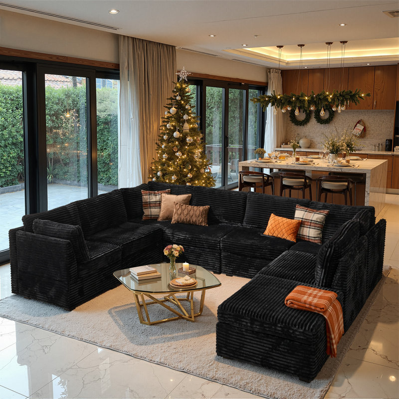 Nathasa 8-Piece Upholstered Corduroy Sectional, Black Corduroy
