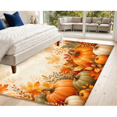 Tapis d'automne avec citrouilles et feuilles d'érable, motif automnal vibrant, style aquarelle artistique, surface en velours, antidérapant, décoration intérieure festive pour salon, chambre, salle à manger, cuisine, entrée, couloir.