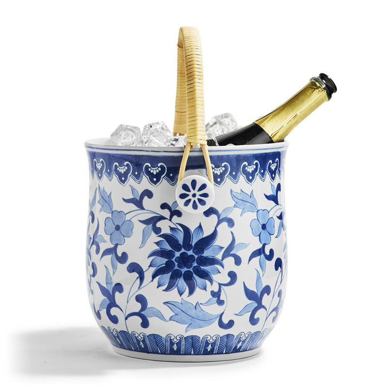 Canton Collection Chinoiserie Champagne Wine Bucket 14"H Porcelain With Woven Cane Handle Blue and White